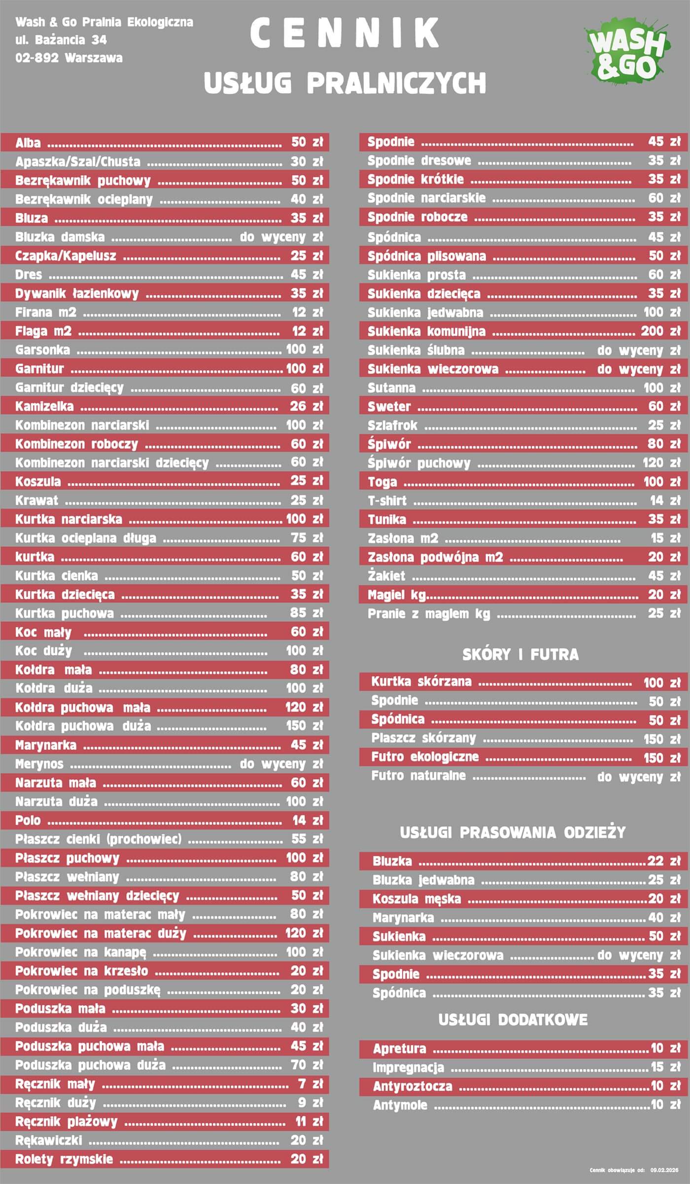Cennik Pralnia